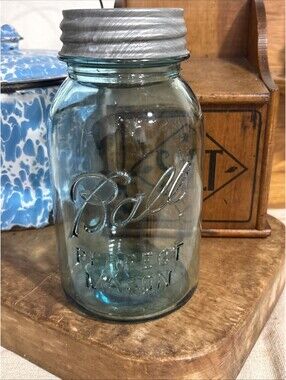 Ball Perfect Mason Blue Glass Jar with Ball Zinc Lid 1910 - 1923, 1 Qt  rare # 5